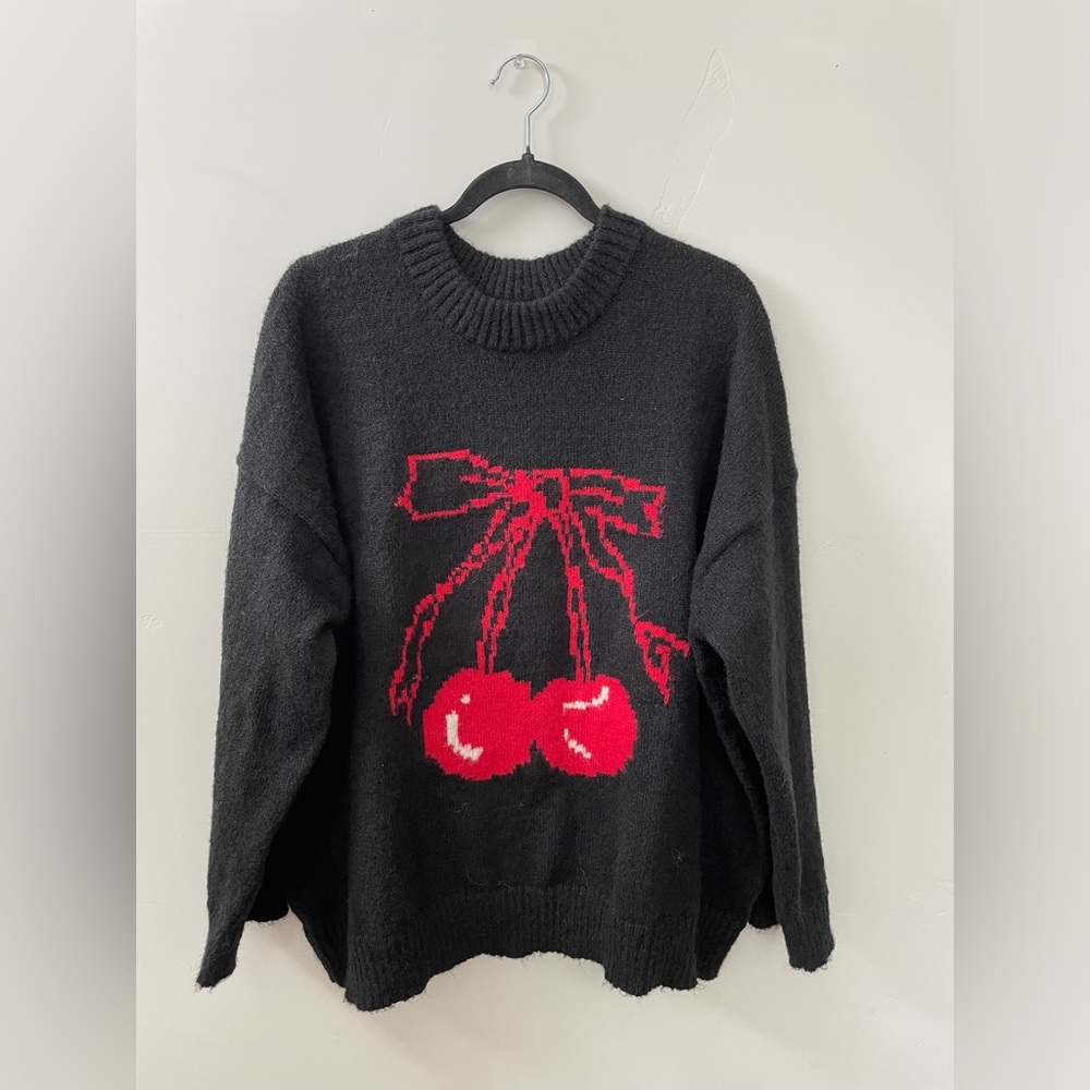 Target Black Crew Neck Sweater with Red Cherries